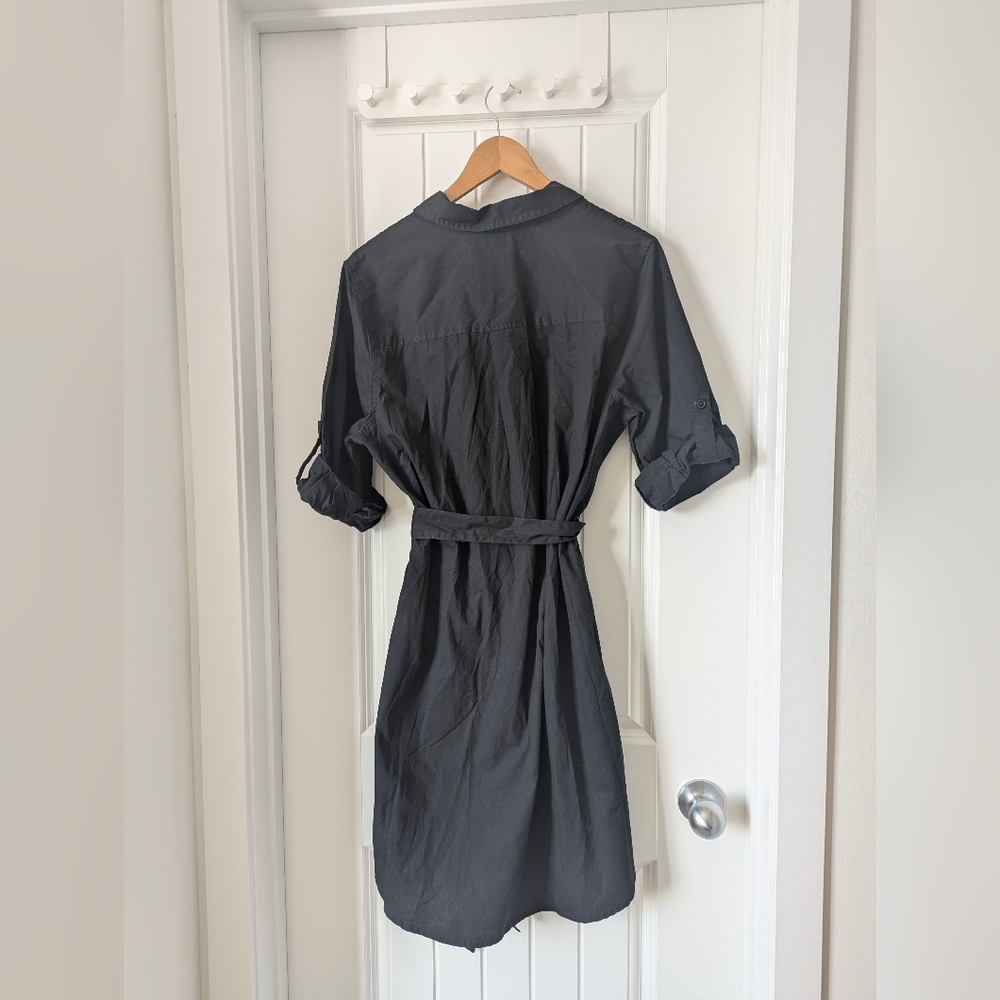 Classic Black Cotton Button-Front Shirt Dress with Belt, Pockets 3/4 Sleeves LG - Picture 8 of 12